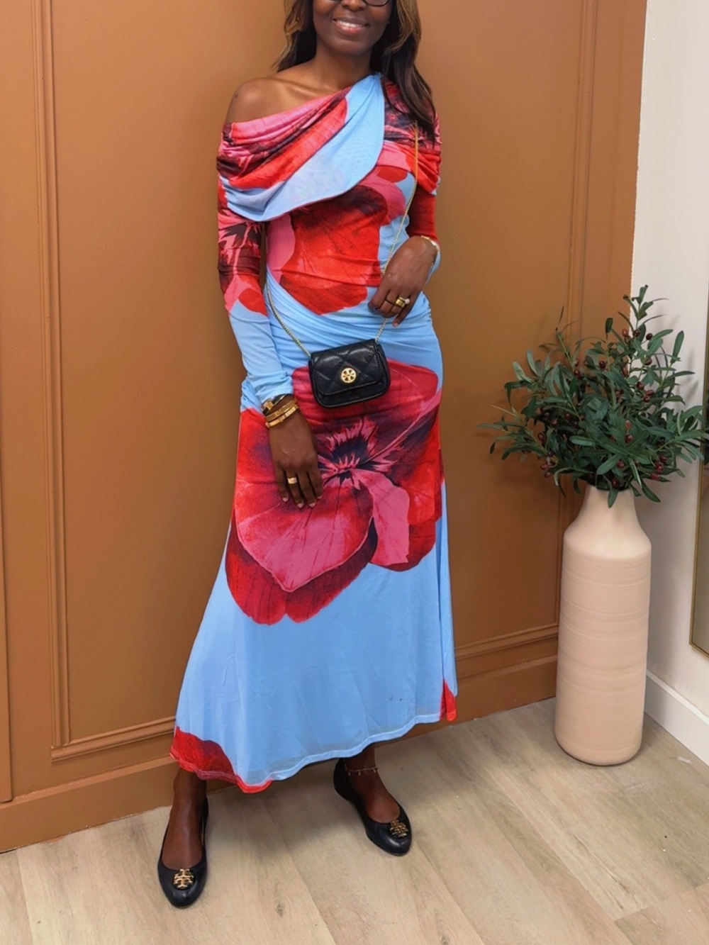 ASOS Sky Blue One-Shoulder Midi Dress with Red Floral Accents